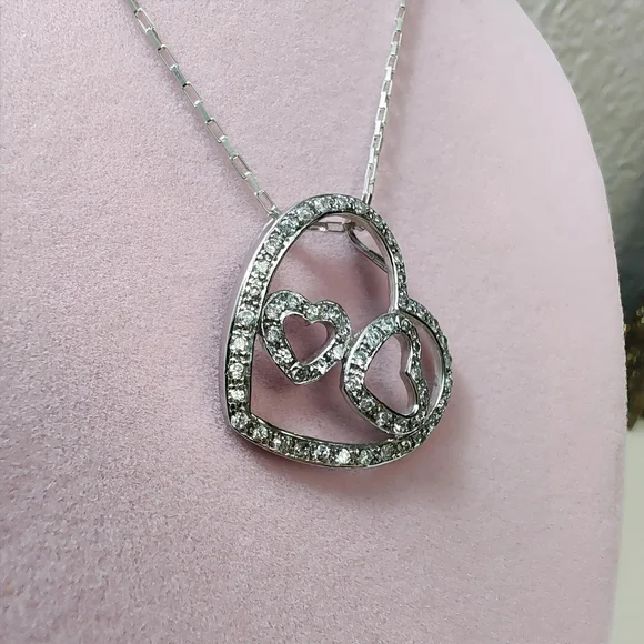 Vintage Sterling Silver Large Triple Heart Pave CZ Pendant with 30" Chain - Picture 3 of 12